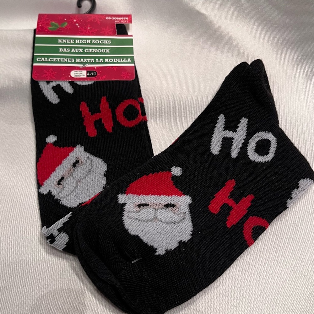 Novelty Socks Womens Girls Shoe Sz 4-10 Festive Santa Claus Ho Ho Ho Knee Highs